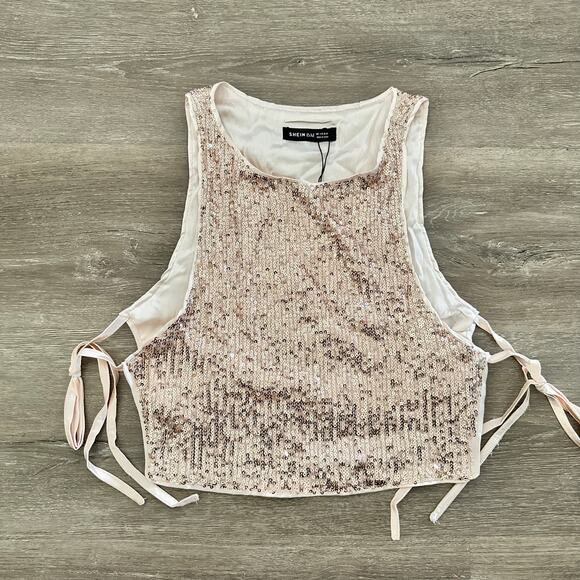 Shein Bae Rose Gold Sequins Crop Tank Side Tie NEW With Tags Size Small - Picture 1 of 5